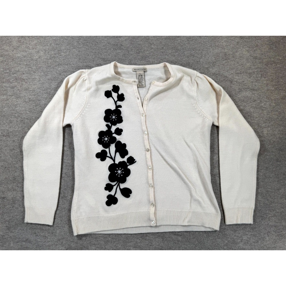 Apostrophe Cardigan Sweater Womens L Beige Floral Patch Embroidered Wool Blend